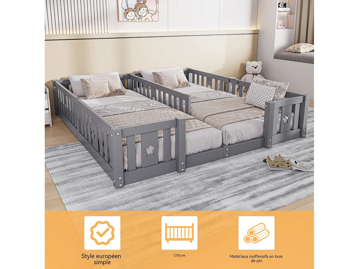 Lit enfant - Lit de Sol - Lit double - 90 x 200 cm - Avec sommier à lattes - Motif en étoile - Bois Massif - Gris