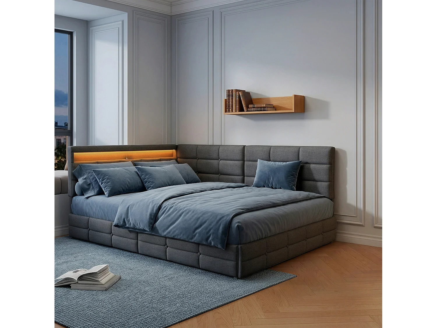 Bed 140x190 - 2 lades - Hoofdeinde en lattenbodem - USB-poort en geïntegreerde LED-verlichting - Grijs beddengoed - 2 personen