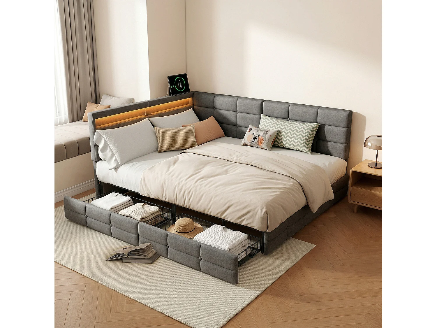 Bed 140x190 - 2 lades - Hoofdeinde en lattenbodem - USB-poort en geïntegreerde LED-verlichting - Grijs beddengoed - 2 personen