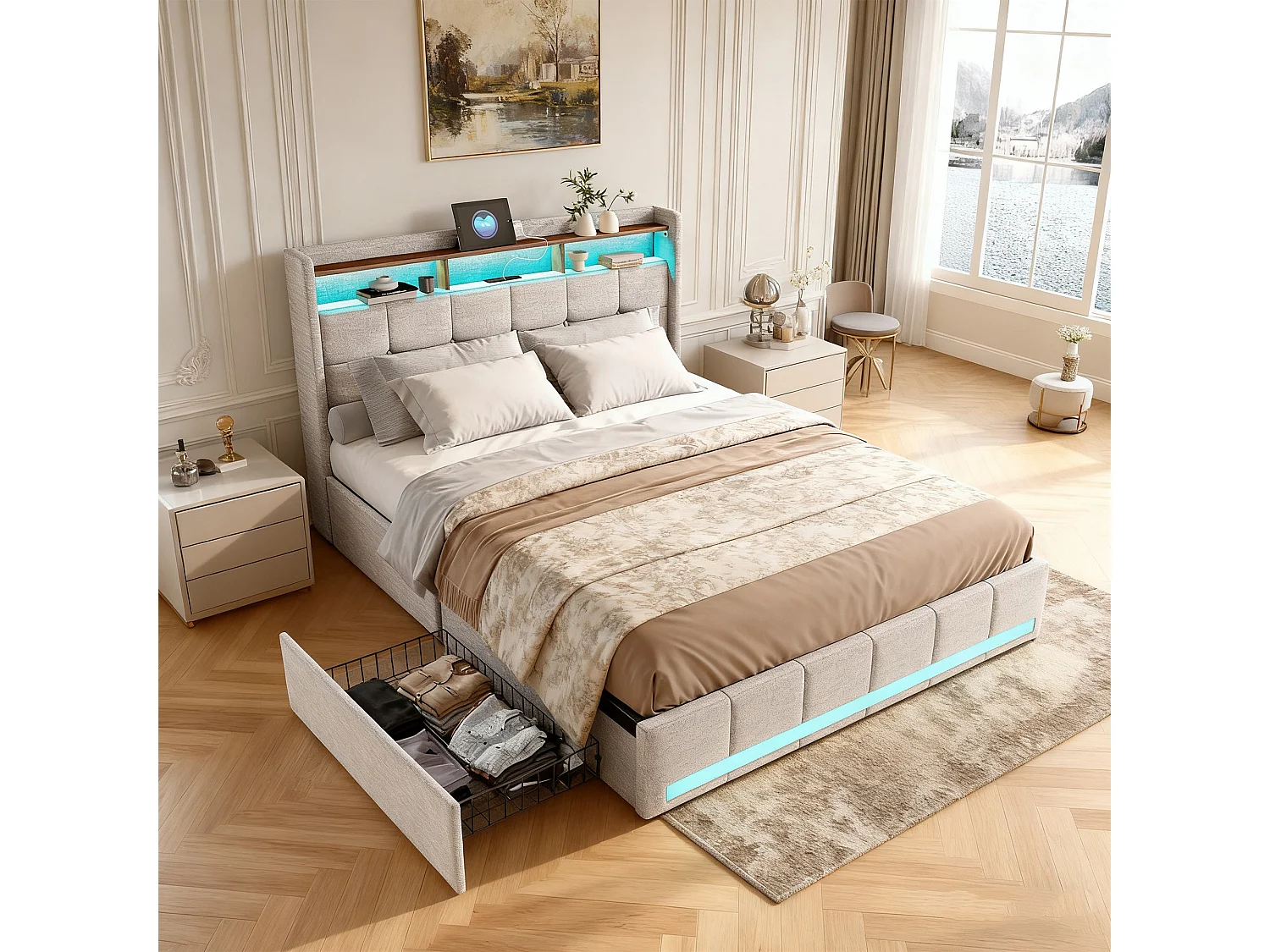 Cadre de lit - NEXU - 140x190 cm - USB - LED - Tissu en lin - lit 140x190 cm - Sommier à lattes - Beige