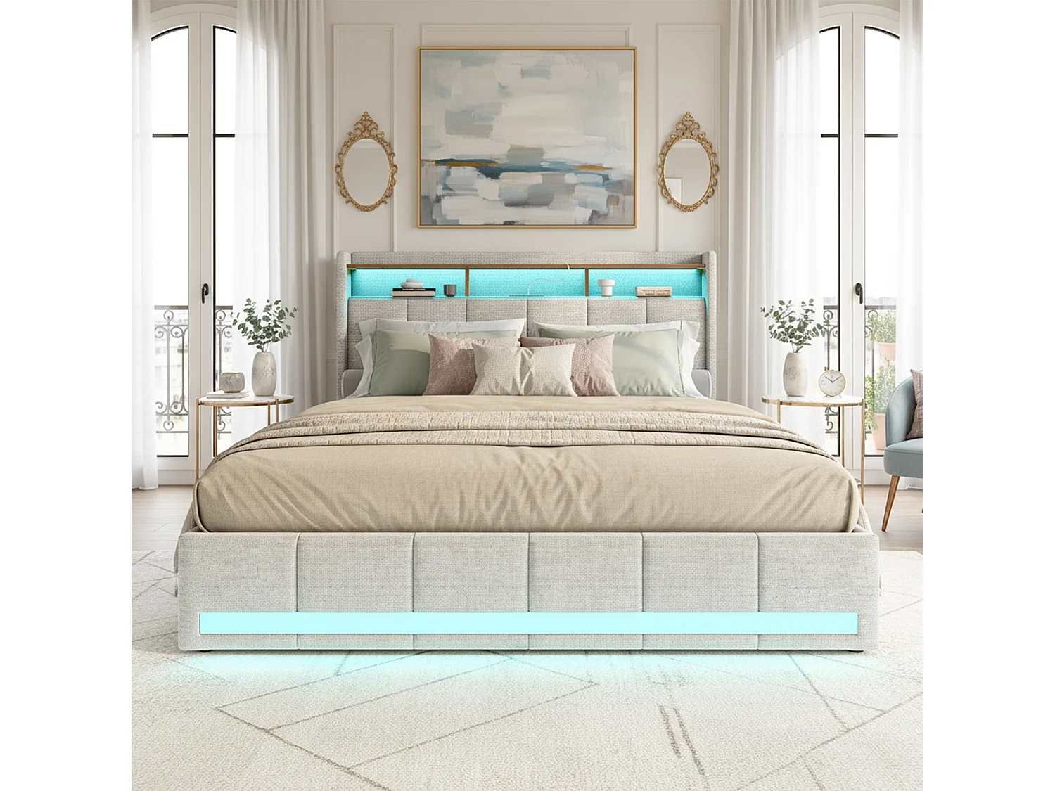 Cadre de lit - NEXU - 140x190 cm - USB - LED - Tissu en lin - lit 140x190 cm - Sommier à lattes - Beige