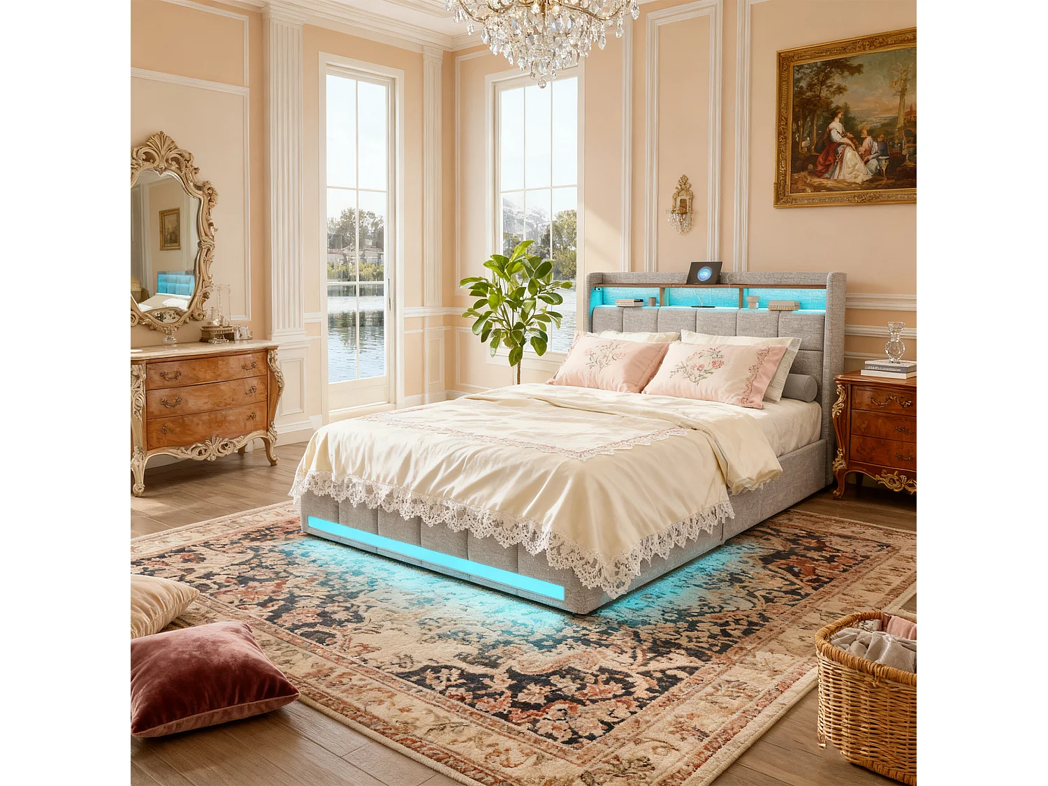 Cadre de lit - NEXU - 140x190 cm - USB - LED - Tissu en lin - lit 140x190 cm - Sommier à lattes - Beige