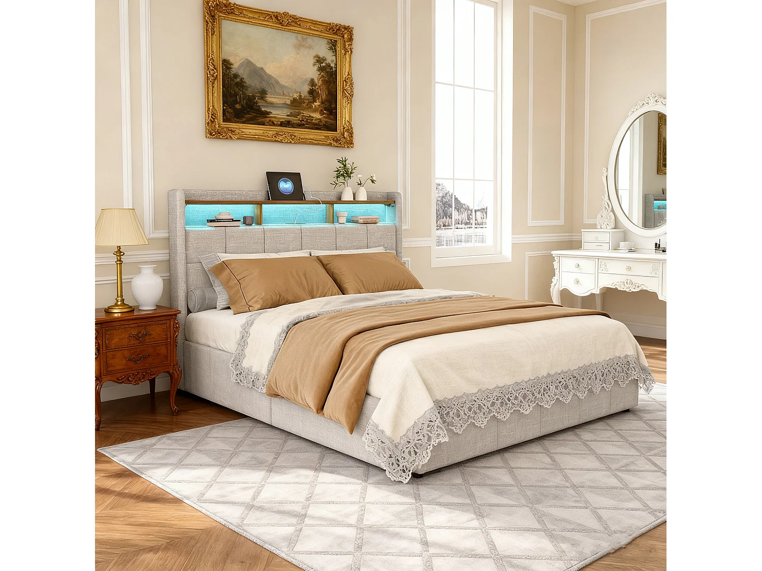 Cadre de lit - NEXU - 140x190 cm - USB - LED - Tissu en lin - lit 140x190 cm - Sommier à lattes - Beige