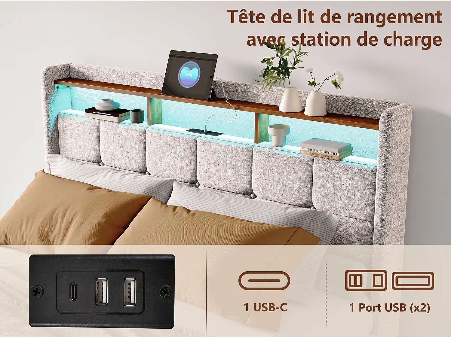 NEXU Cadre de lit 140x190 cm avec sommier à lattes, ports de charge et LED, revêtement en tissu de lin beige
