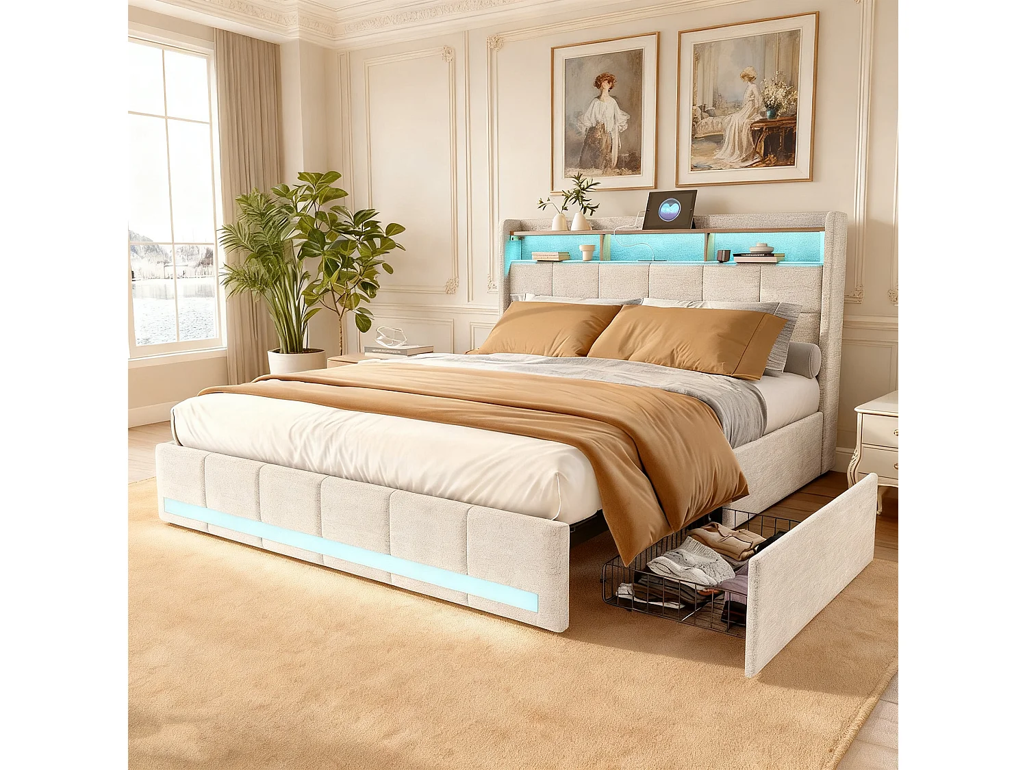 Lit 140x190 - NEXU - Beige - 4 tiroirs de rangement - LED réglable - USB et type-c - Lin
