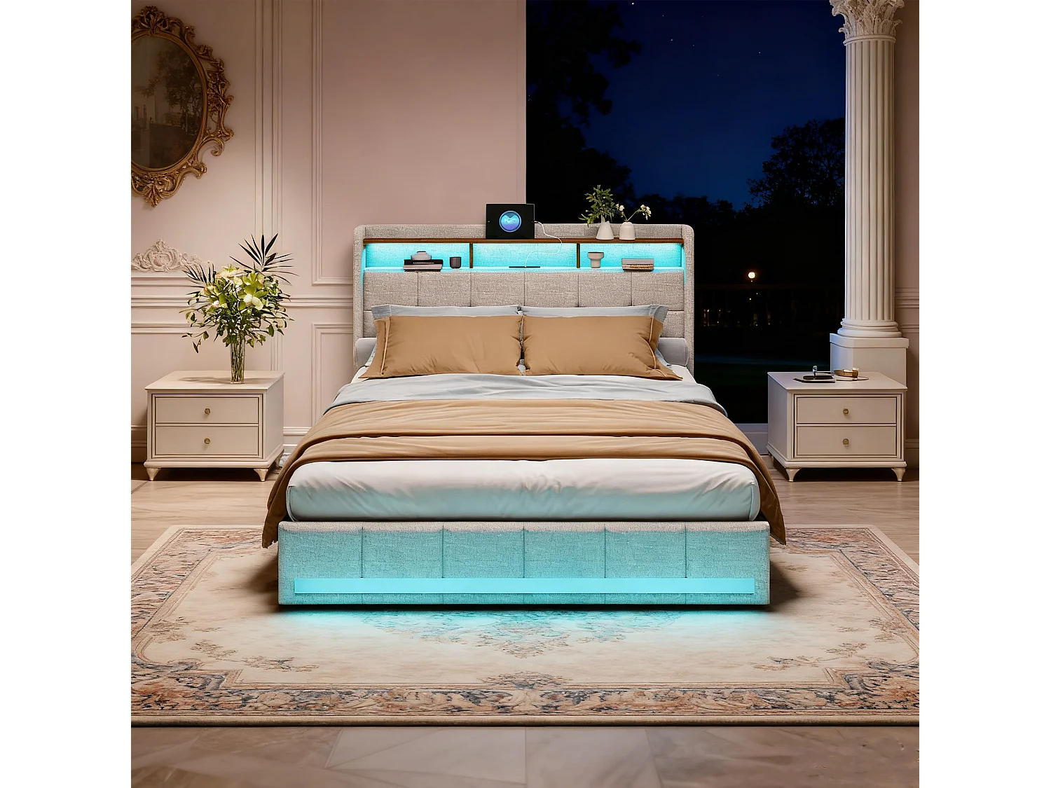 Lit 140x190 - NEXU - Beige - 4 tiroirs de rangement - LED réglable - USB et type-c - Lin