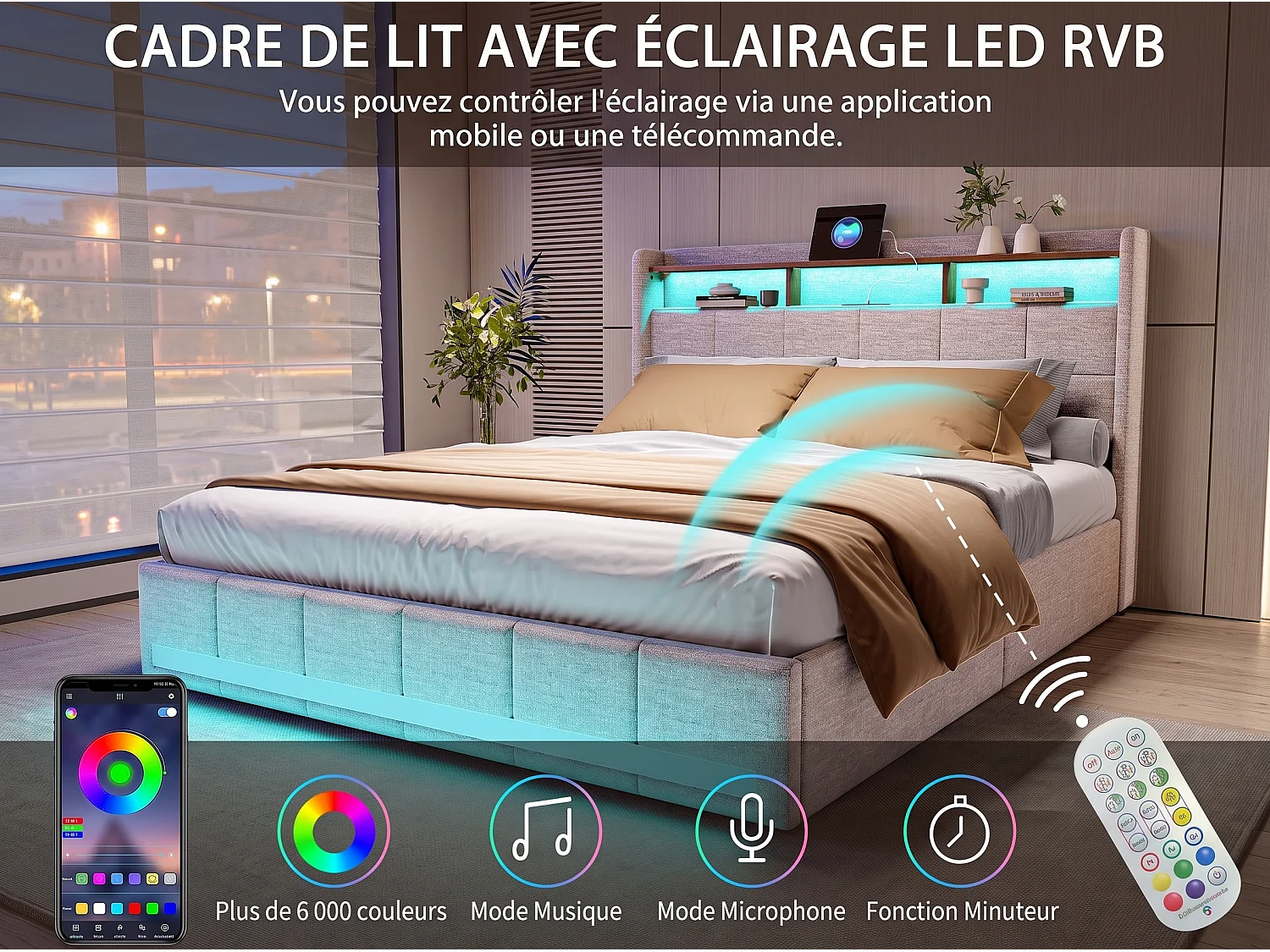 Lit double 140 x 190 cm avec 4 tiroirs de rangement – Éclairage LED réglable, ports USB et Type-C – Tissu en lin beige – NEXU