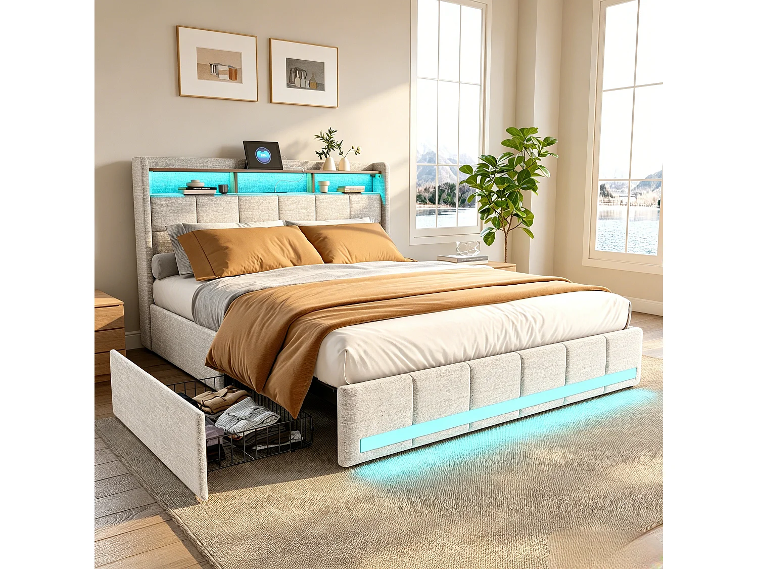 Lit double 140 x 190 cm avec 4 tiroirs de rangement – Éclairage LED réglable, ports USB et Type-C – Tissu en lin beige – NEXU