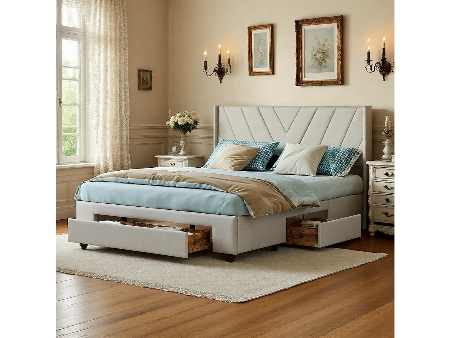 Lit 140x190 cm, Avec 3 tiroirs, lit adulte, cadre de lit double 140x190 cm, Lin, Beige