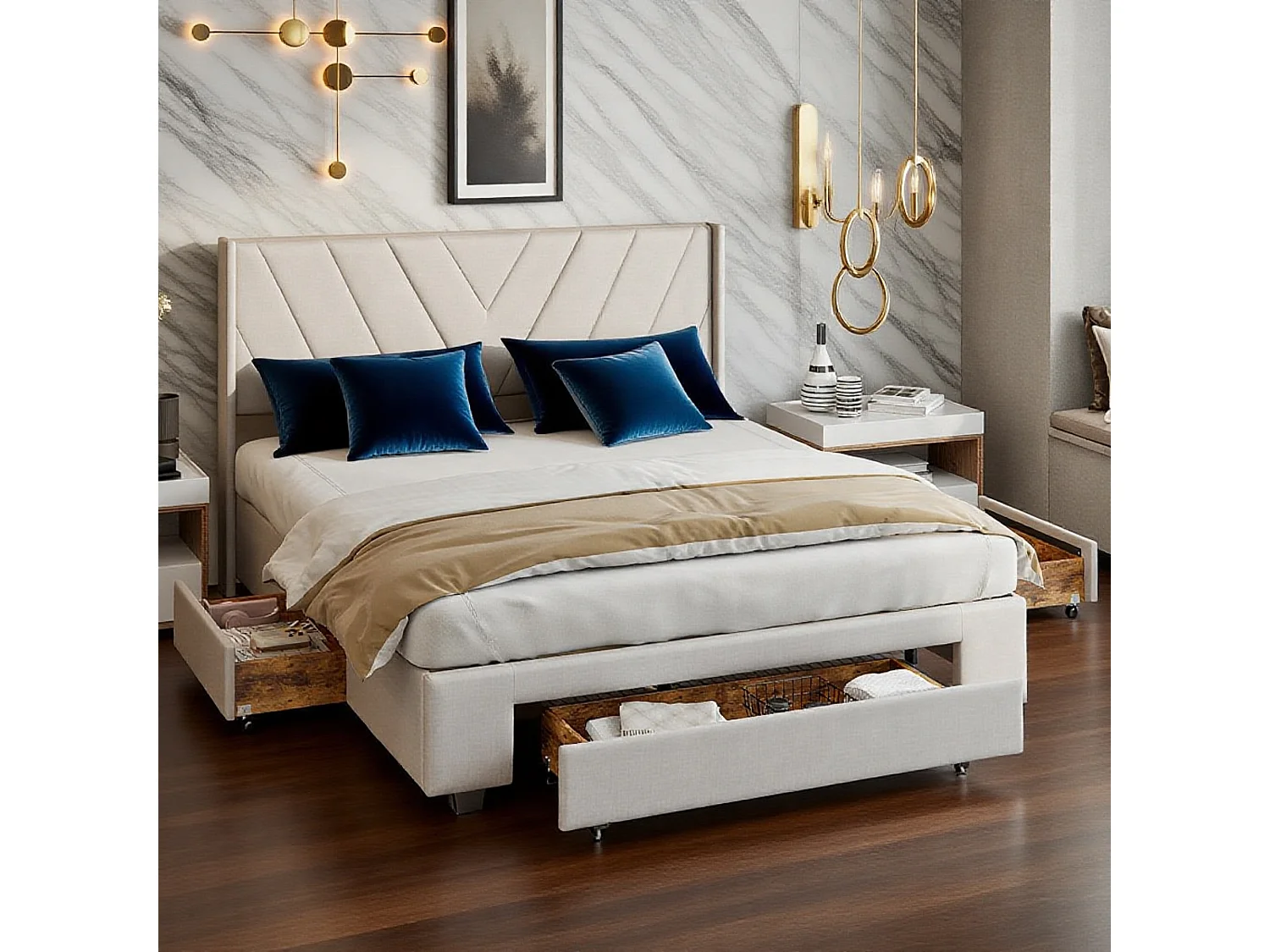 Lit 140x190 cm, Avec 3 tiroirs, lit adulte, cadre de lit double 140x190 cm, Lin, Beige
