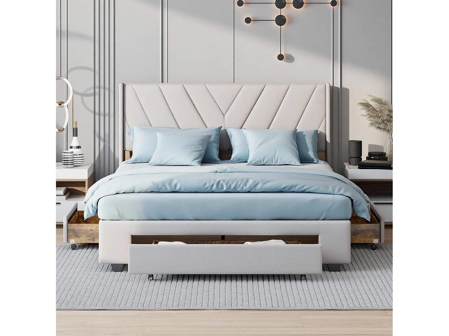 Lit 140x190 cm, Avec 3 tiroirs, lit adulte, cadre de lit double 140x190 cm, Lin, Beige