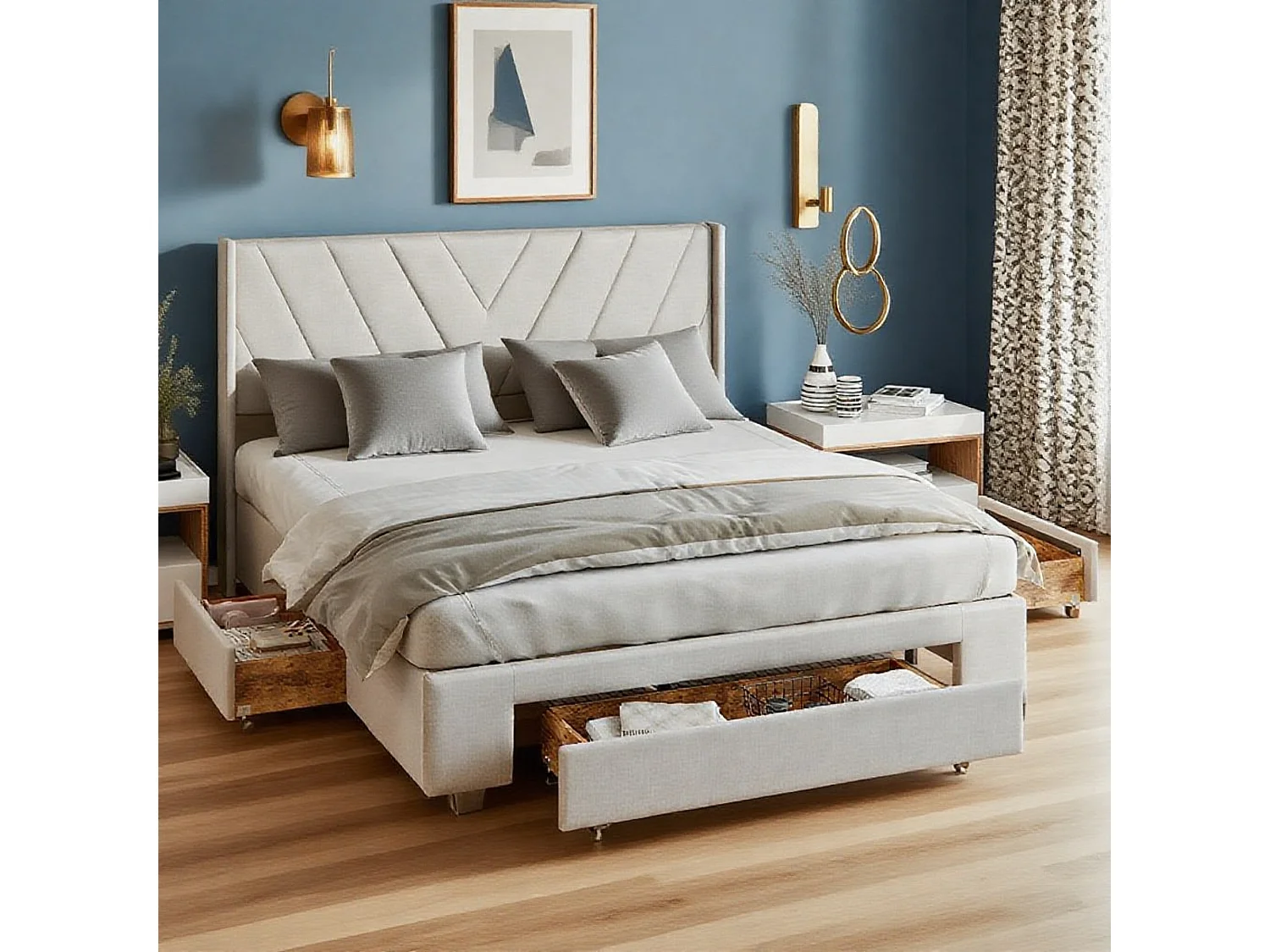 Lit 140x190 cm, Avec 3 tiroirs, lit adulte, cadre de lit double 140x190 cm, Lin, Beige