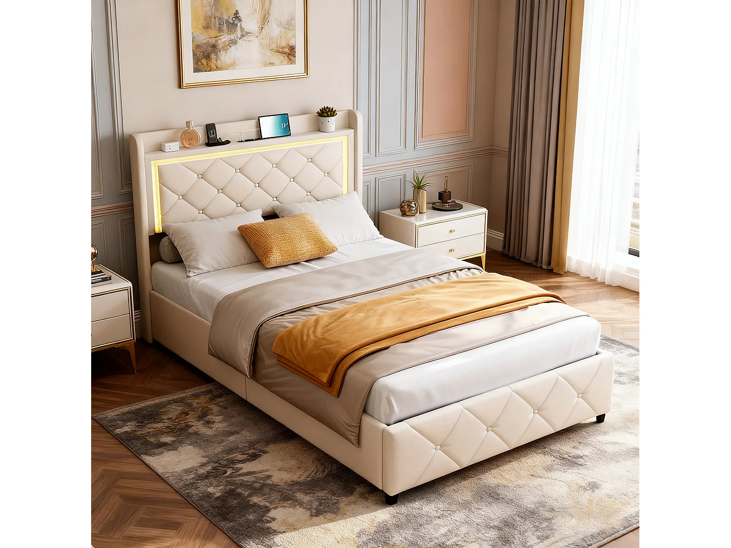 Lit enfant 90x200 cm avec tiroirs, Lit fille avec sommier, LED, USB, lit une place,  velours, beige