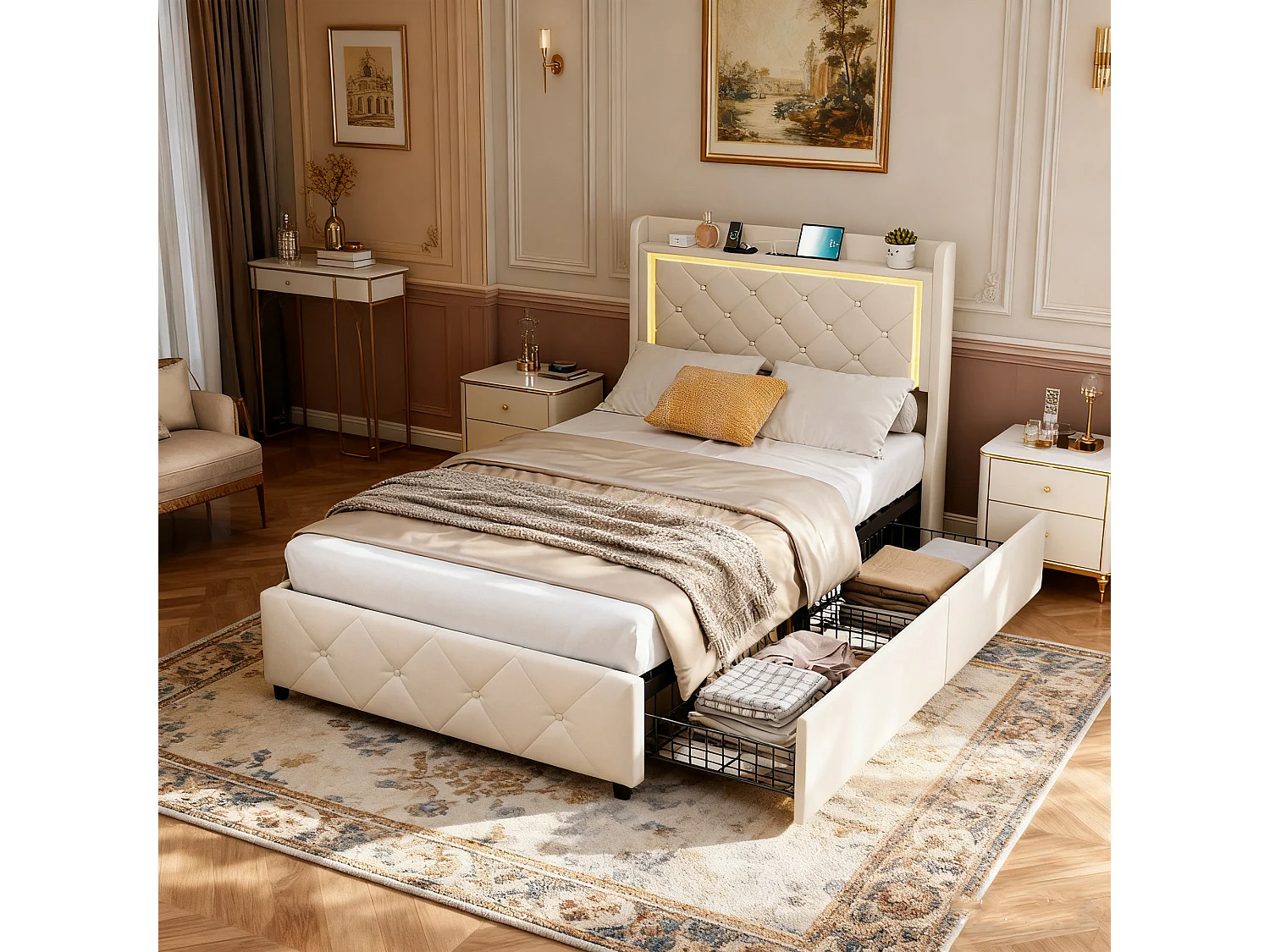 Lit enfant 90x200 cm avec tiroirs, Lit fille avec sommier, LED, USB, lit une place,  velours, beige