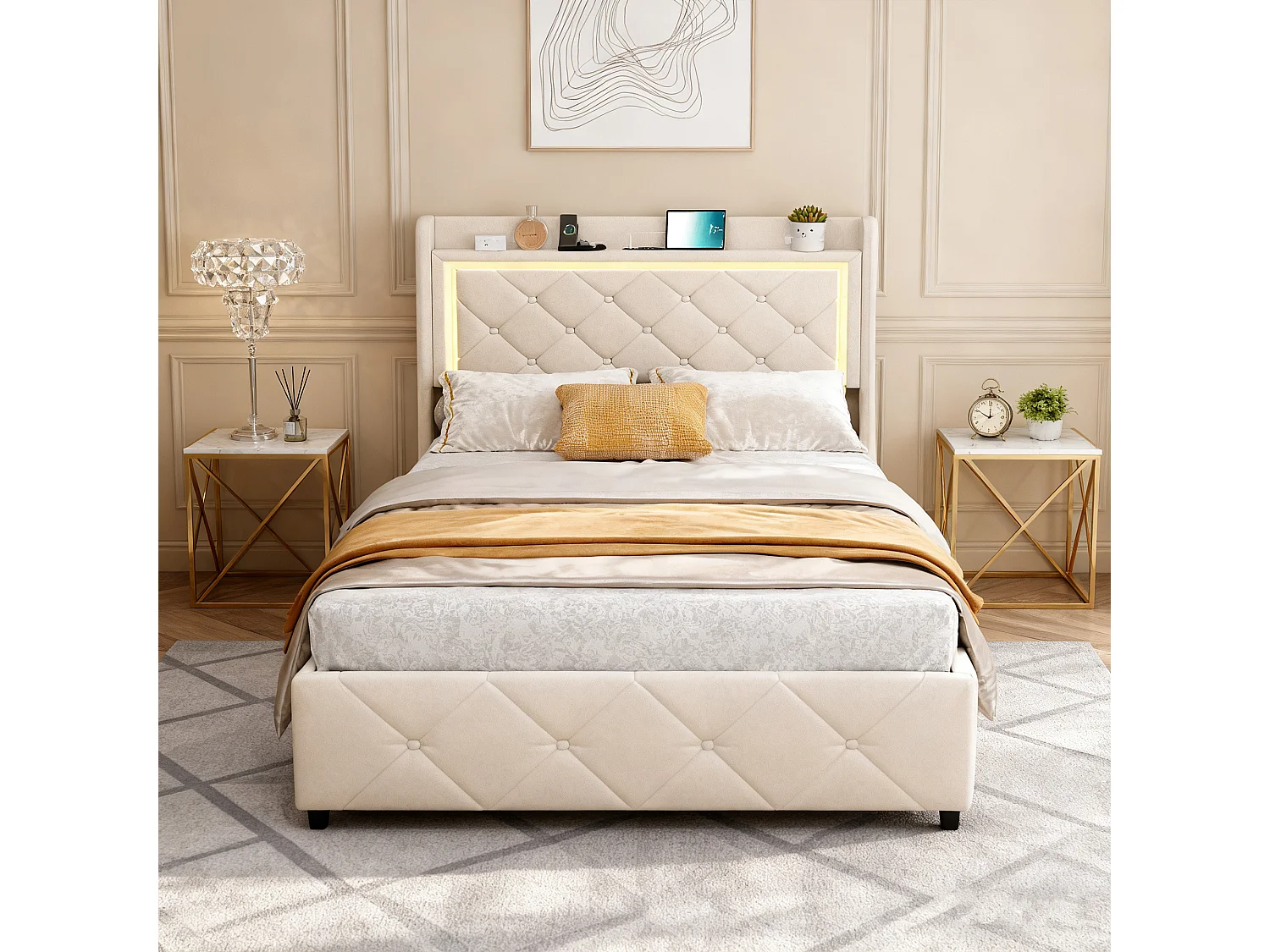 Lit enfant 90x200 cm avec tiroirs, Lit fille avec sommier, LED, USB, lit une place,  velours, beige