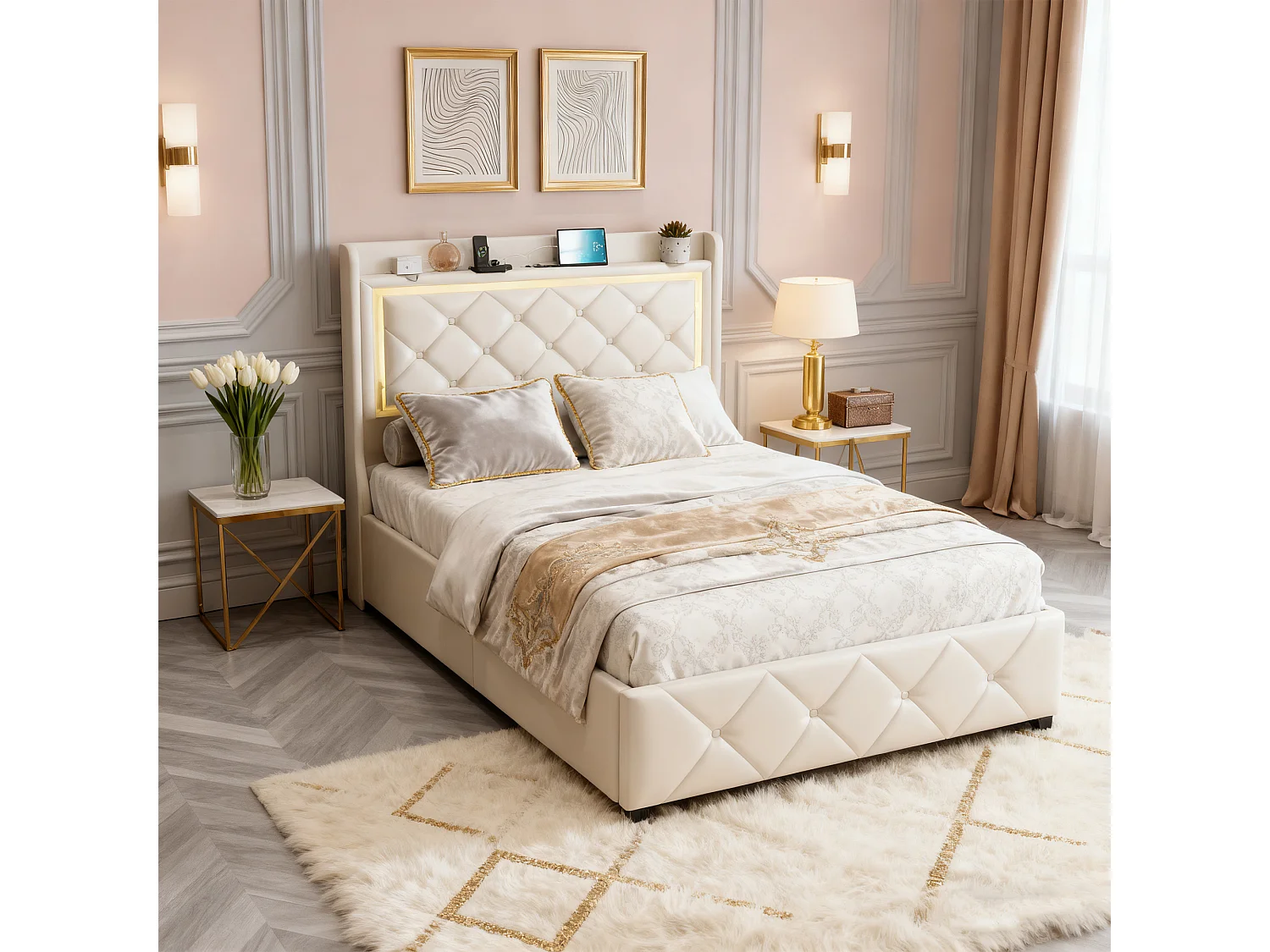 Lit enfant 90x200 cm avec tiroirs, Lit fille avec sommier, LED, USB, lit une place,  velours, beige