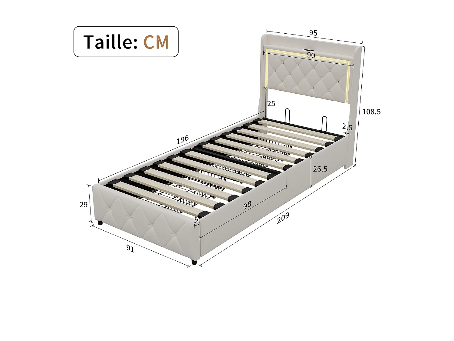 Lit enfant 90x200 cm avec tiroirs, Lit fille avec sommier, LED, USB, lit une place,  velours, beige