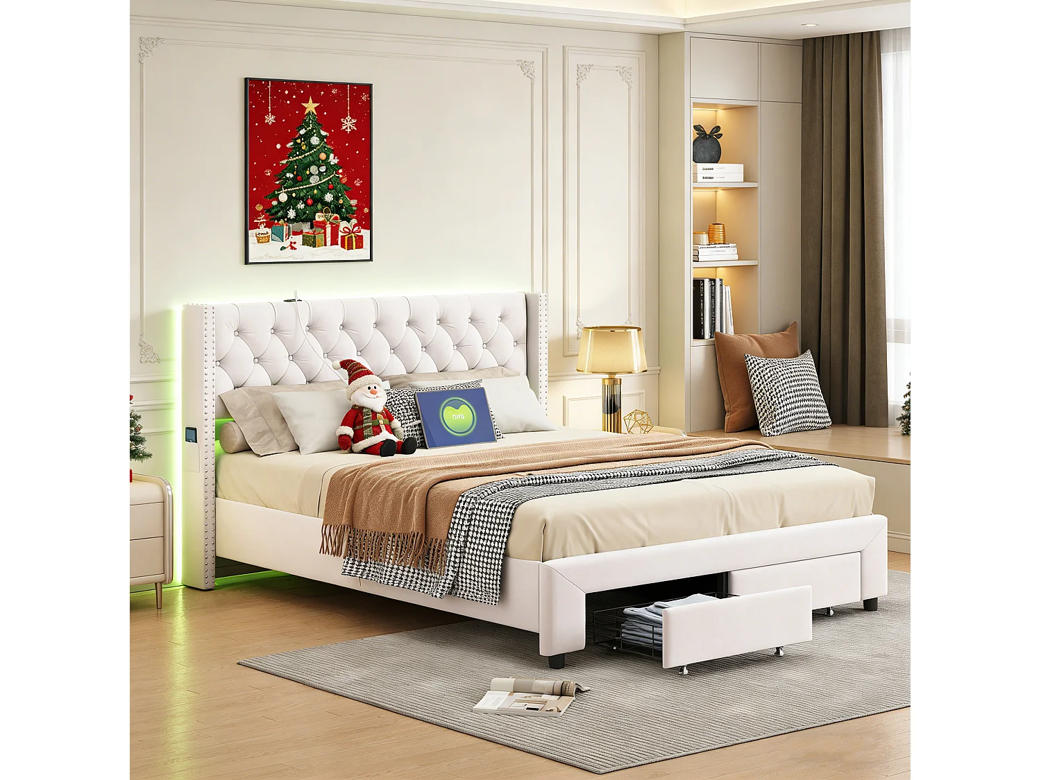 Lit double 140x190 - POCKETPOP - USB et LED - 2 tiroirs - Velours blanc cassé - Décoration de rivets