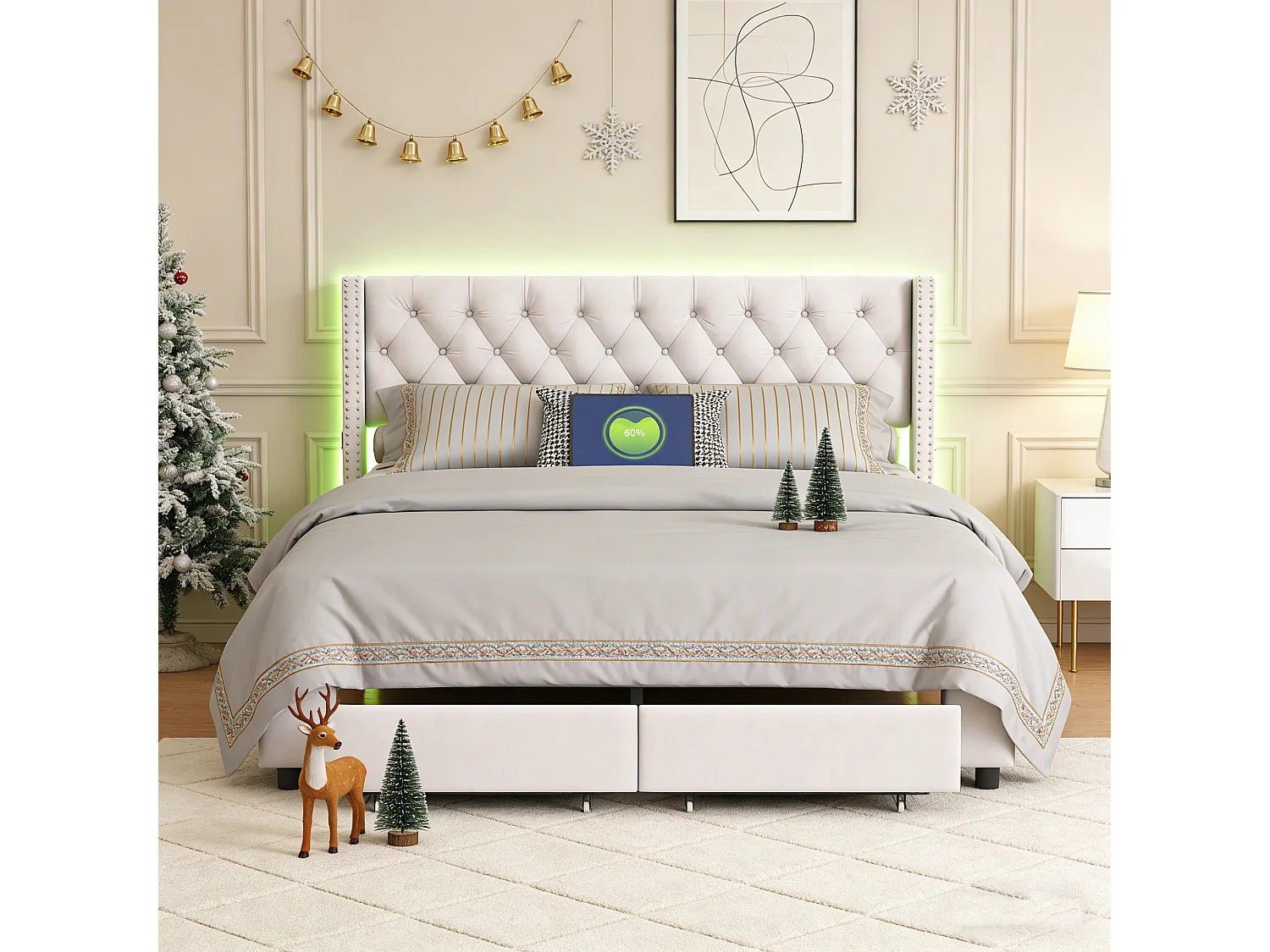 Lit double 140x190 - POCKETPOP - USB et LED - 2 tiroirs - Velours blanc cassé - Décoration de rivets