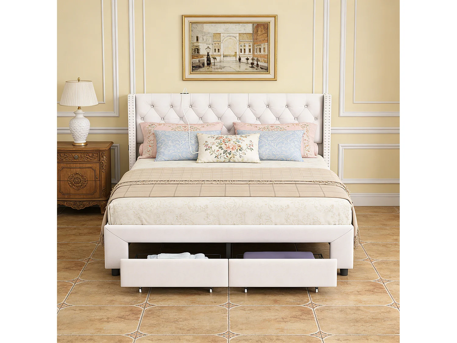 Lit double 140x190 - POCKETPOP - USB et LED - 2 tiroirs - Velours blanc cassé - Décoration de rivets