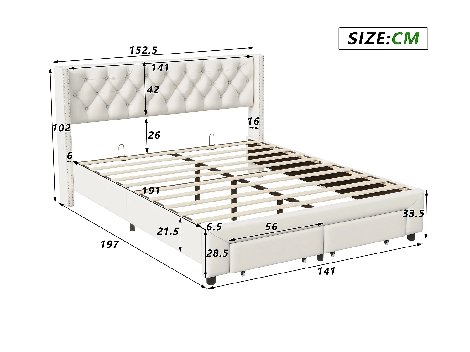 Lit double 140x190 - POCKETPOP - USB et LED - 2 tiroirs - Velours blanc cassé - Décoration de rivets