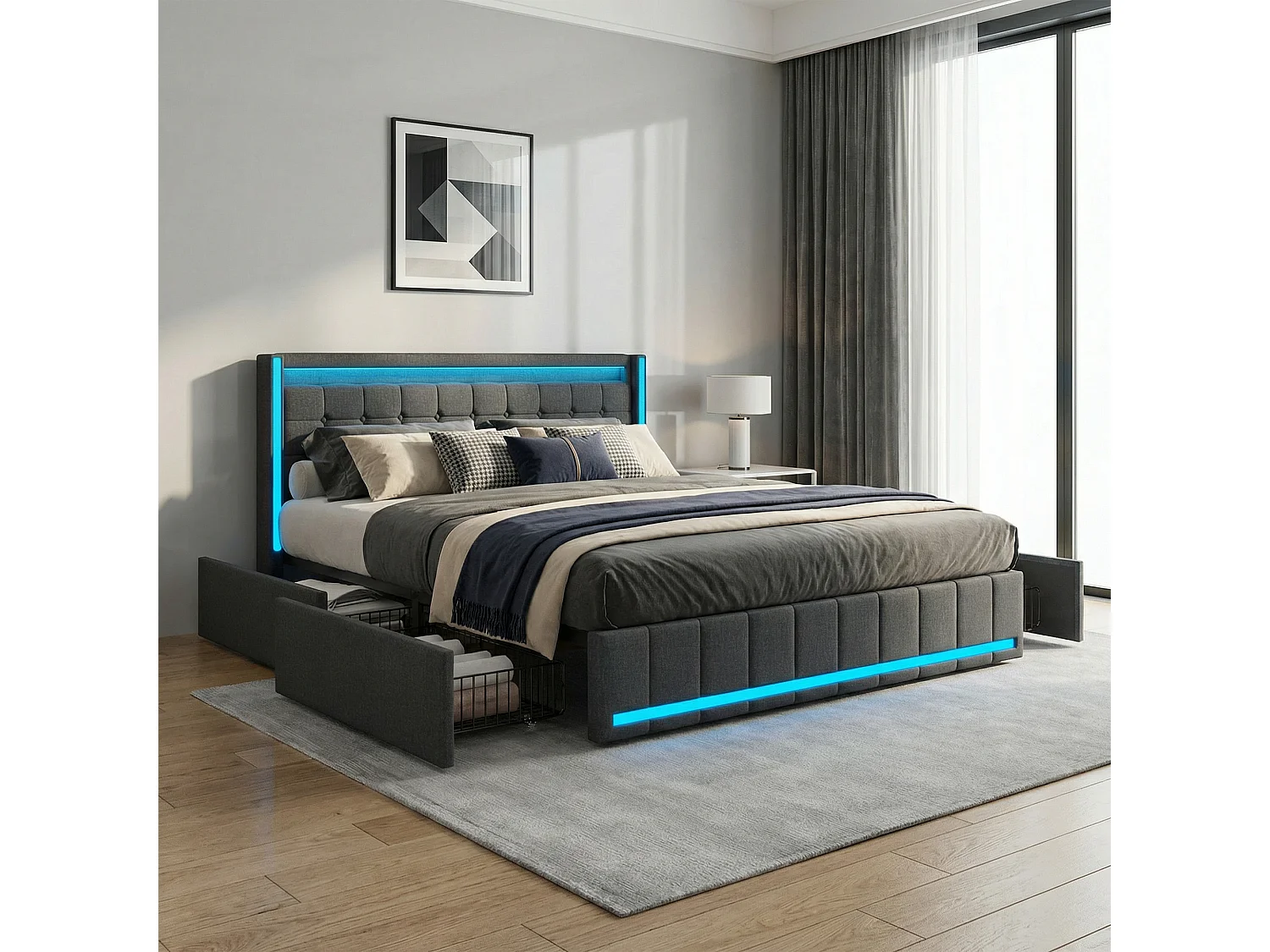 Lit 140x190 cm - POCKETPOP - Lin Gris foncé - 4 Tiroirs - Tête de lit avec rangement USB - Lumières LED