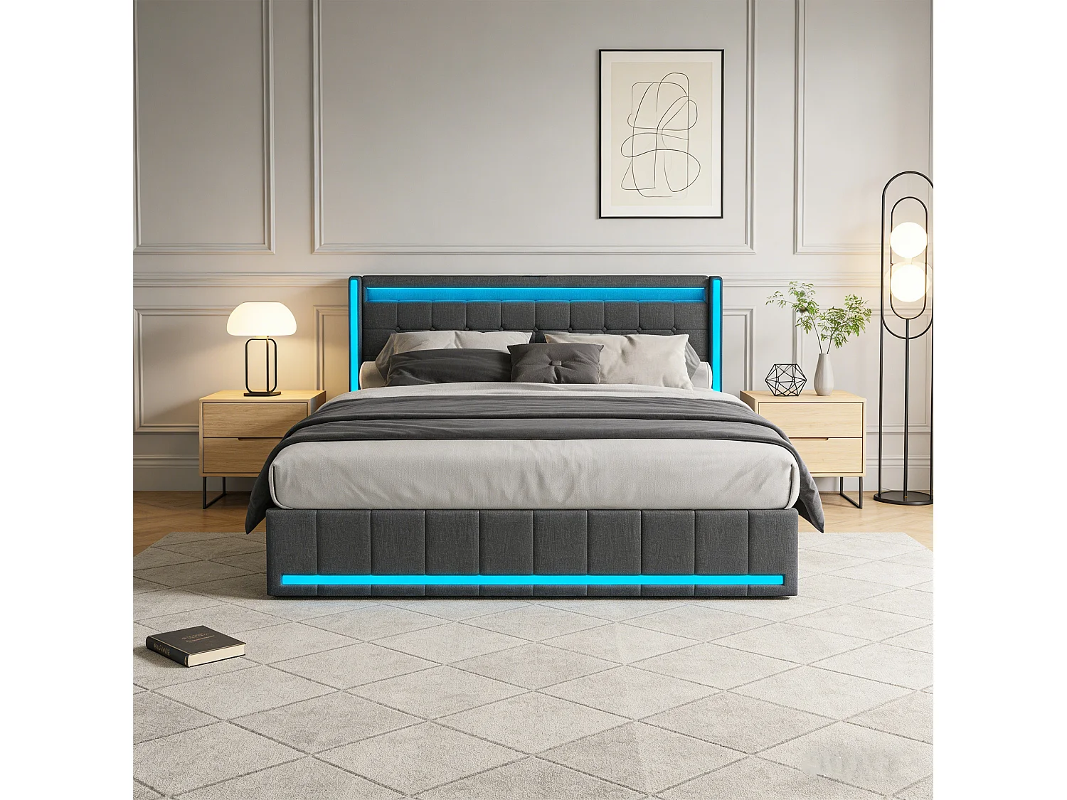 Lit 140x190 cm - POCKETPOP - Lin Gris foncé - 4 Tiroirs - Tête de lit avec rangement USB - Lumières LED