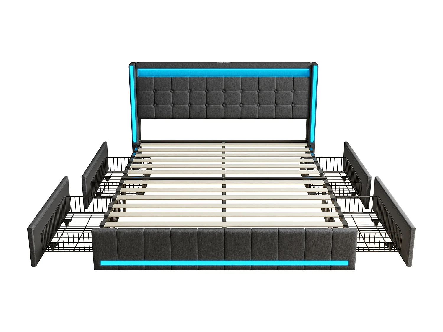 Lit 140x190 cm - POCKETPOP - Lin Gris foncé - 4 Tiroirs - Tête de lit avec rangement USB - Lumières LED