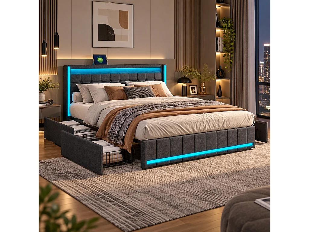 Lit double 140 x 190 cm - POCKETPOP - avec 4 tiroirs de rangement, tête de lit avec rangement, LED et port USB - tissu effet lin gris foncé