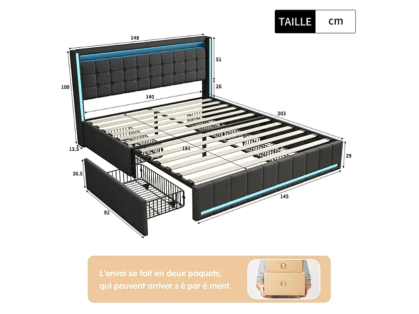 Lit double 140 x 190 cm - POCKETPOP - avec 4 tiroirs de rangement, tête de lit avec rangement, LED et port USB - tissu effet lin gris foncé