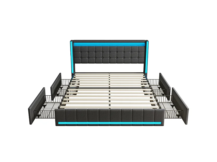 Lit double 140 x 190 cm - POCKETPOP - avec 4 tiroirs de rangement, tête de lit avec rangement, LED et port USB - tissu effet lin gris foncé