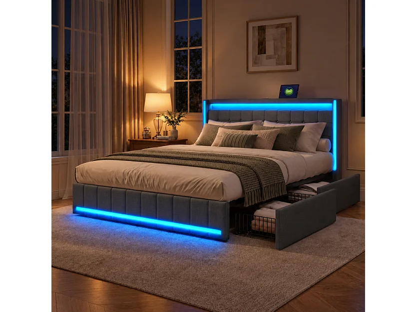 Lit double 140 x 190 cm - POCKETPOP - avec 4 tiroirs de rangement, tête de lit avec rangement, LED et port USB - tissu effet lin gris foncé