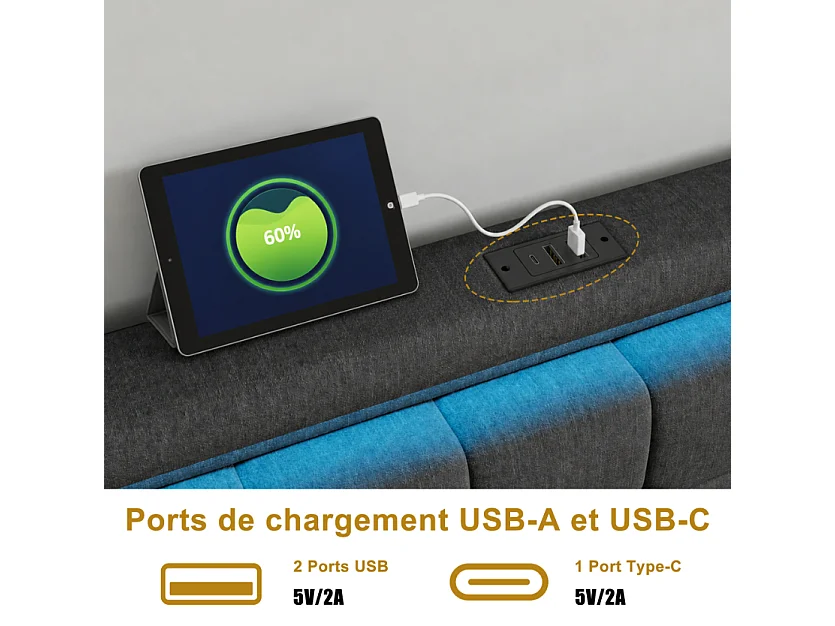 Lit double 140 x 190 cm - POCKETPOP - avec 4 tiroirs de rangement, tête de lit avec rangement, LED et port USB - tissu effet lin gris foncé