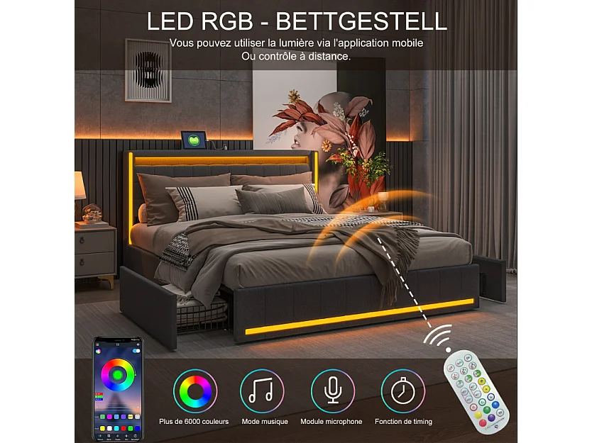 Lit double 140 x 190 cm - POCKETPOP - avec 4 tiroirs de rangement, tête de lit avec rangement, LED et port USB - tissu effet lin gris foncé