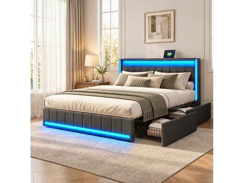 Lit double 140 x 190 cm - POCKETPOP - avec 4 tiroirs de rangement, tête de lit avec rangement, LED et port USB - tissu effet lin gris foncé