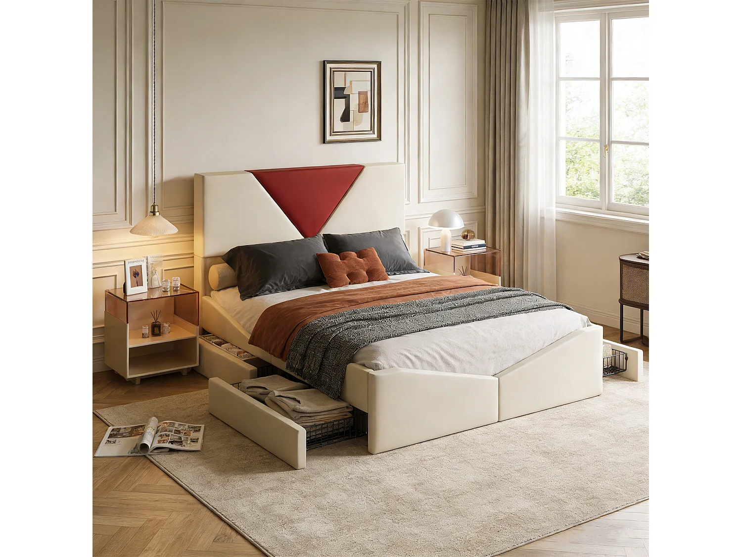 Lit 140x190 cm - POCKETPOP - Velours blanc cassé - 4 Tiroirs - Tête de lit - Sommier à Lattes
