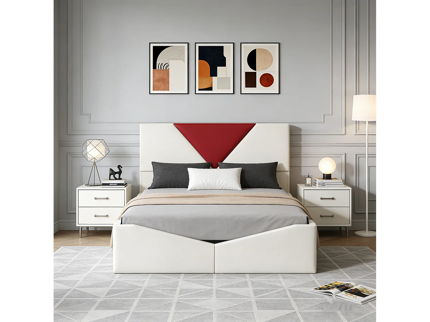 Lit 140x190 cm - POCKETPOP - Velours blanc cassé - 4 Tiroirs - Tête de lit - Sommier à Lattes