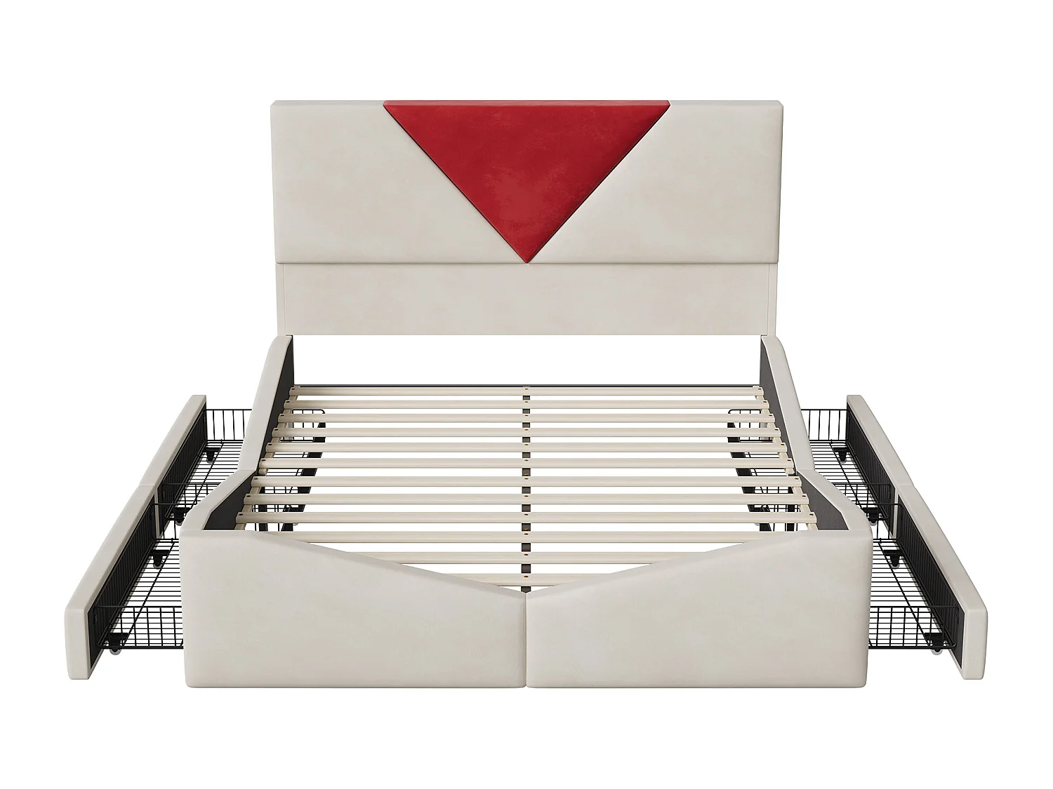 Lit 140x190 cm - POCKETPOP - Velours blanc cassé - 4 Tiroirs - Tête de lit - Sommier à Lattes
