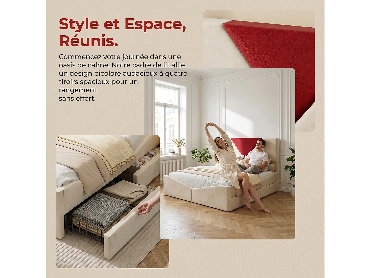 Lit double 140x190 cm avec 4 tiroirs, tête de lit et sommier à lattes, velours blanc cassé