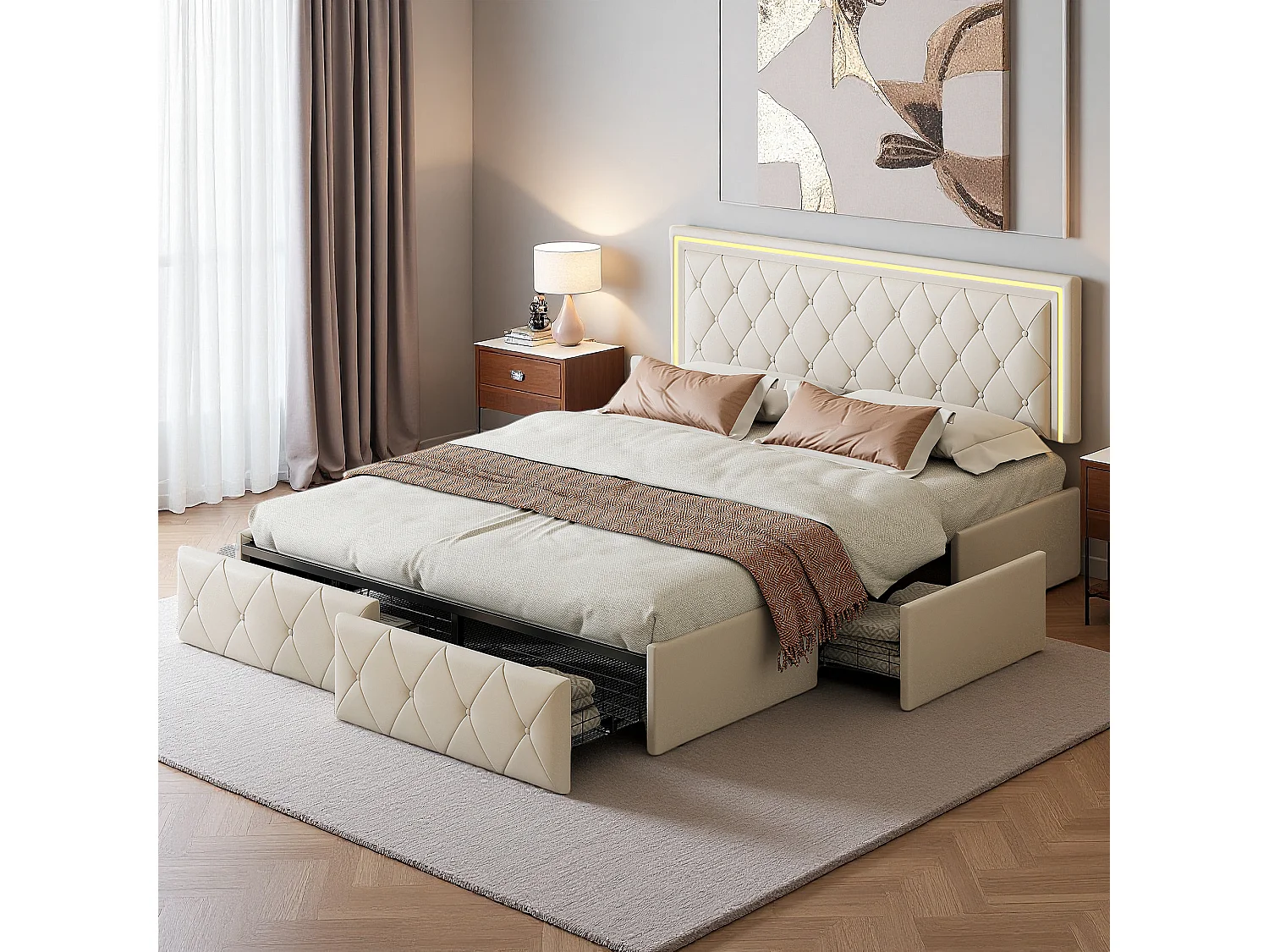 Lit 140x190 cm, LED réglable, Planche de lit réglable, tiroirs,  lit adulte, cadre de lit double 140x190 cm, PU, beige