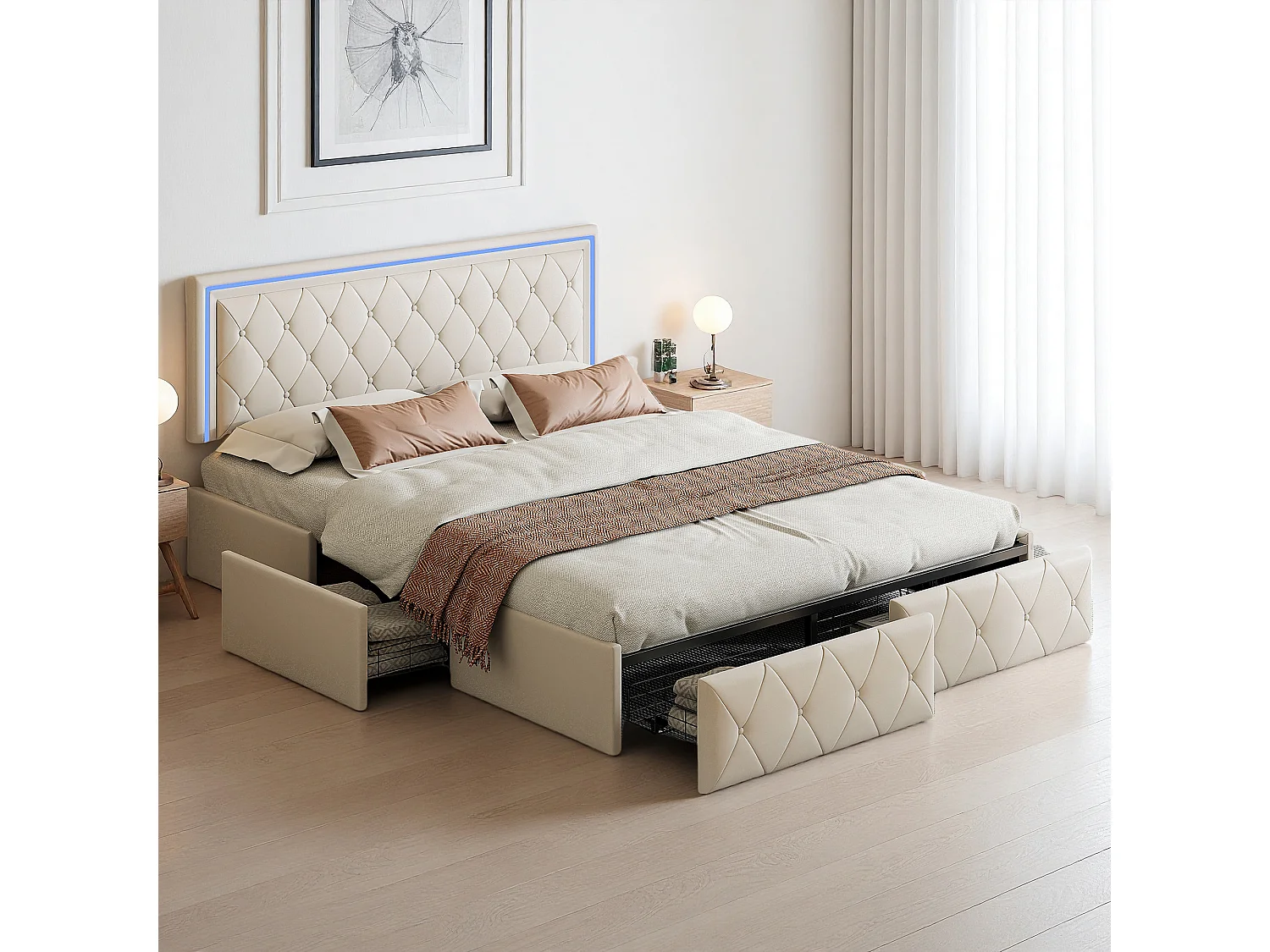 Lit 140x190 cm, LED réglable, Planche de lit réglable, tiroirs,  lit adulte, cadre de lit double 140x190 cm, PU, beige