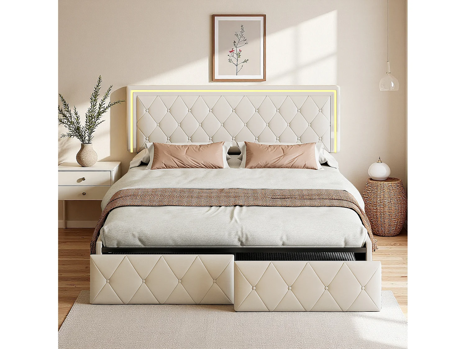 Lit 140x190 cm, LED réglable, Planche de lit réglable, tiroirs,  lit adulte, cadre de lit double 140x190 cm, PU, beige