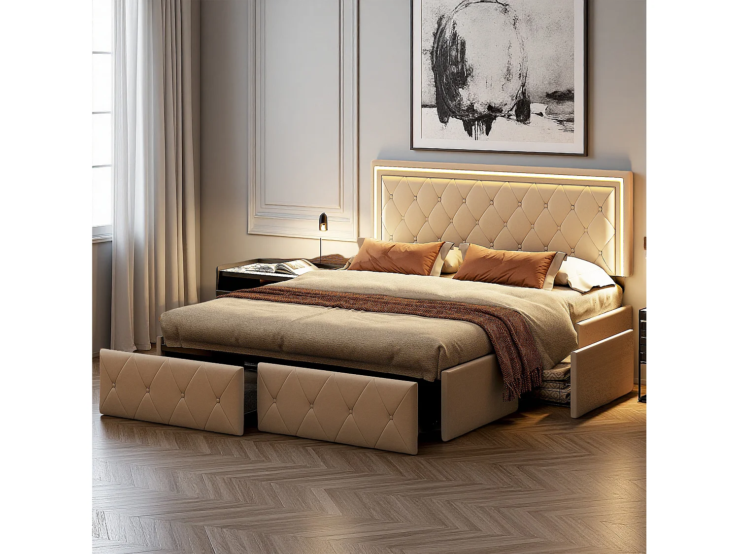 Lit 140x190 cm, LED réglable, Planche de lit réglable, tiroirs,  lit adulte, cadre de lit double 140x190 cm, PU, beige