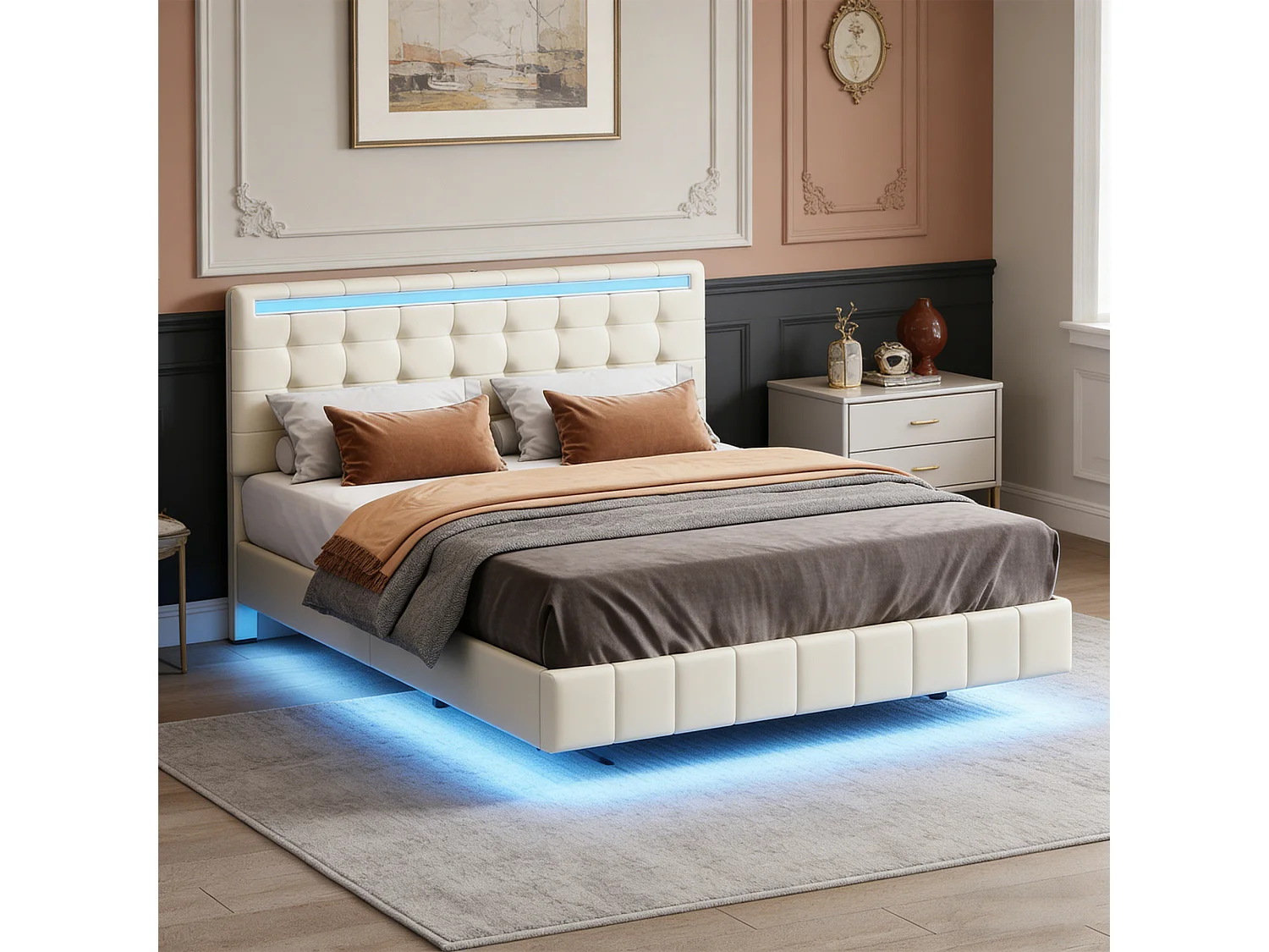 Bedframe 140x190 cm - NEXU - Volwassenenbed voor 2 personen - Zwevend bed met LED - Geïntegreerd stopcontact - Beige linnen