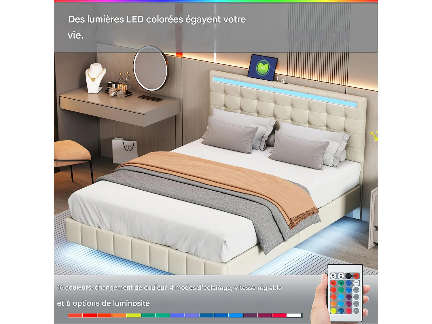 Bedframe 140x190 cm - NEXU - Volwassenenbed voor 2 personen - Zwevend bed met LED - Geïntegreerd stopcontact - Beige linnen