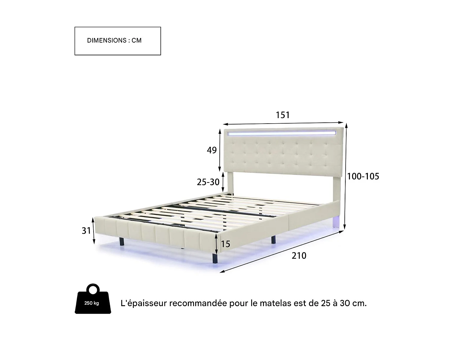 Bedframe 140x190 cm - NEXU - Volwassenenbed voor 2 personen - Zwevend bed met LED - Geïntegreerd stopcontact - Beige linnen