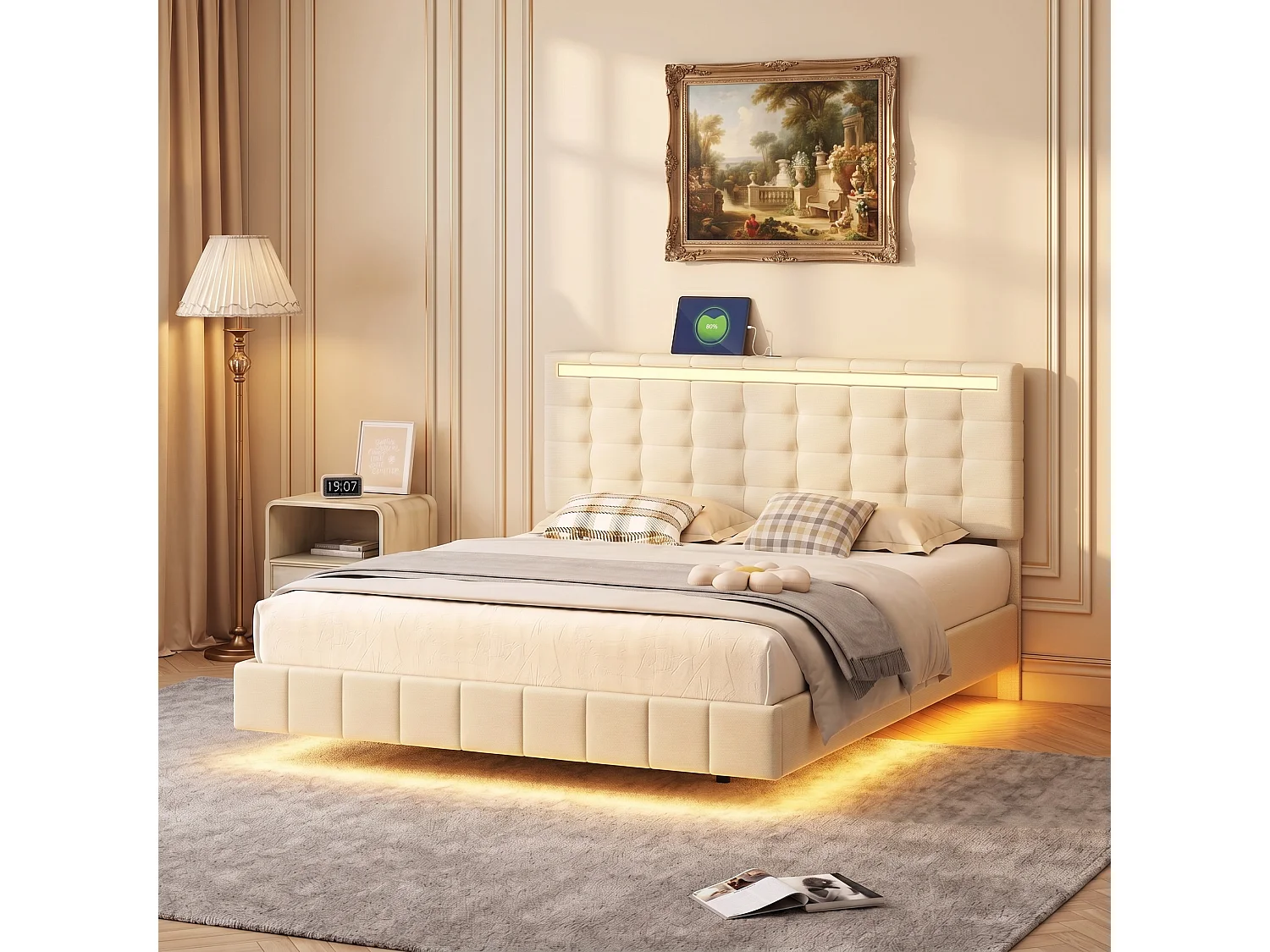 Lit flottant NEXU 140 × 190 cm avec LED et prise secteur intégrée – Tissu aspect lin beige