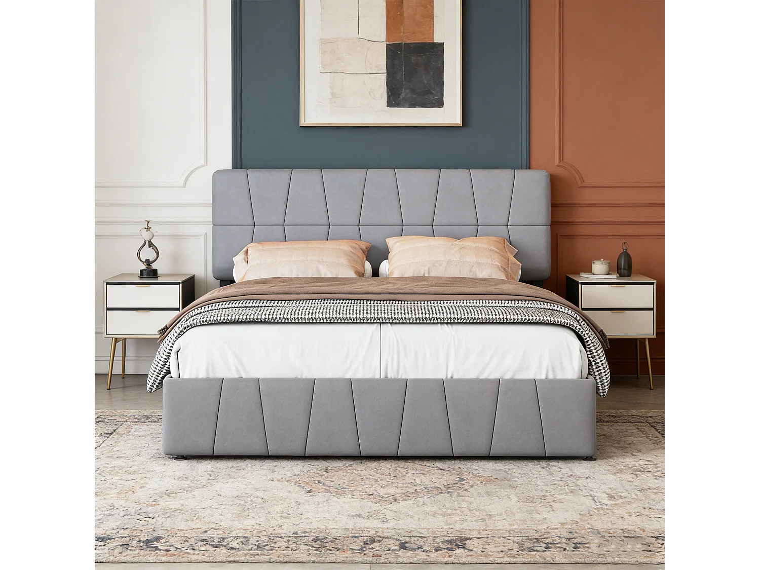 Lit adulte 160x200 cm - POCKETPOP - Gris - Sommier à Lattes - 4 tiroirs - Tissu en Velours