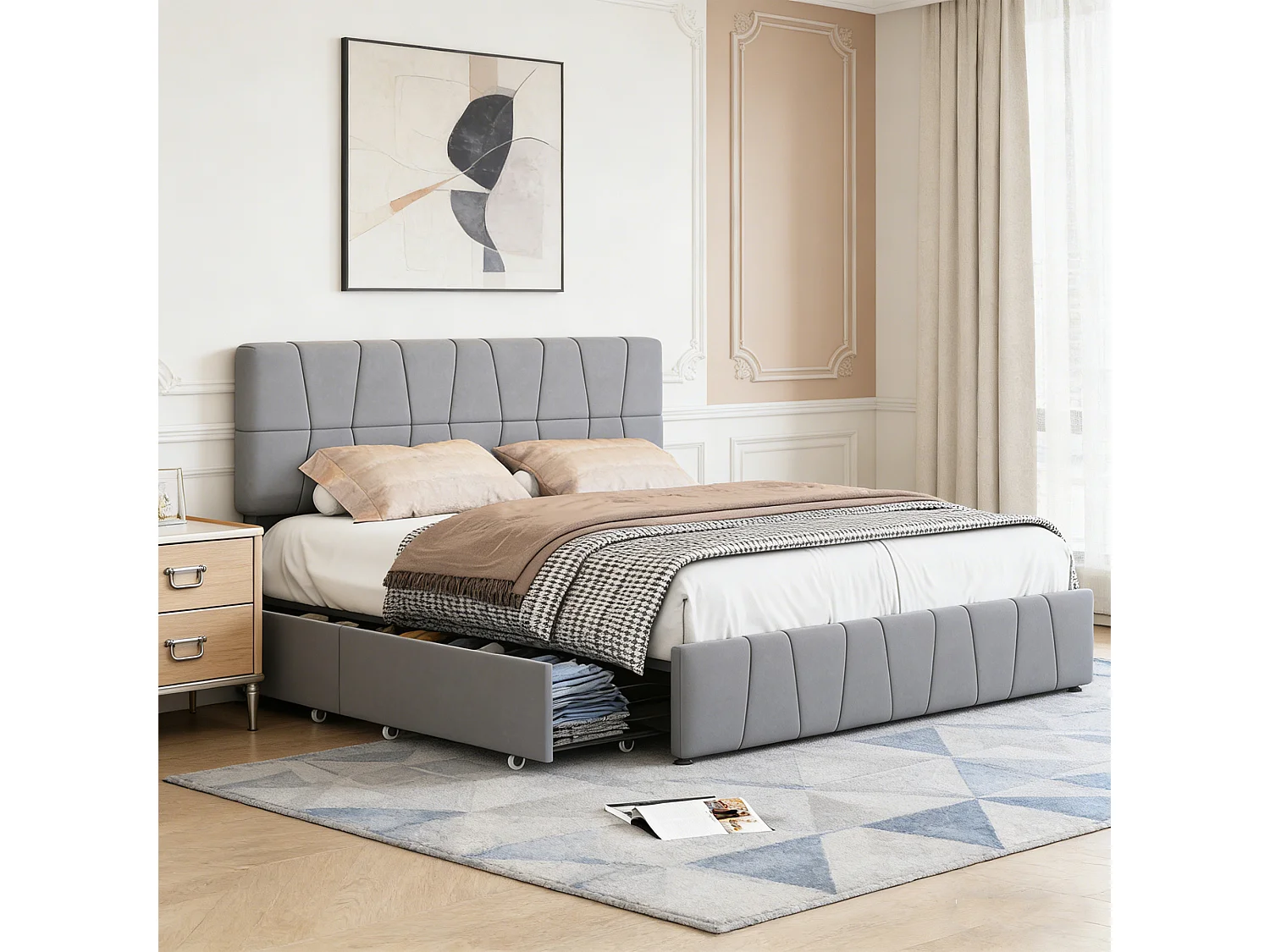 Lit adulte 160x200 cm - POCKETPOP - Gris - Sommier à Lattes - 4 tiroirs - Tissu en Velours