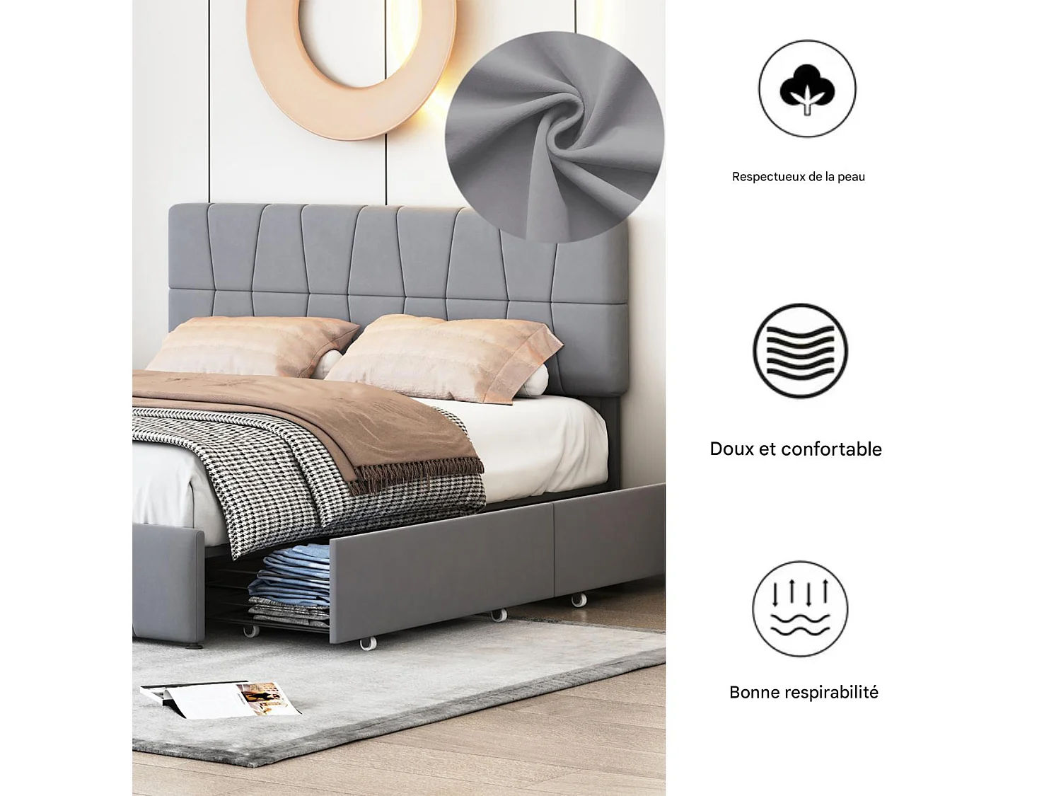 Lit adulte 160x200 cm - POCKETPOP - Gris - Sommier à Lattes - 4 tiroirs - Tissu en Velours